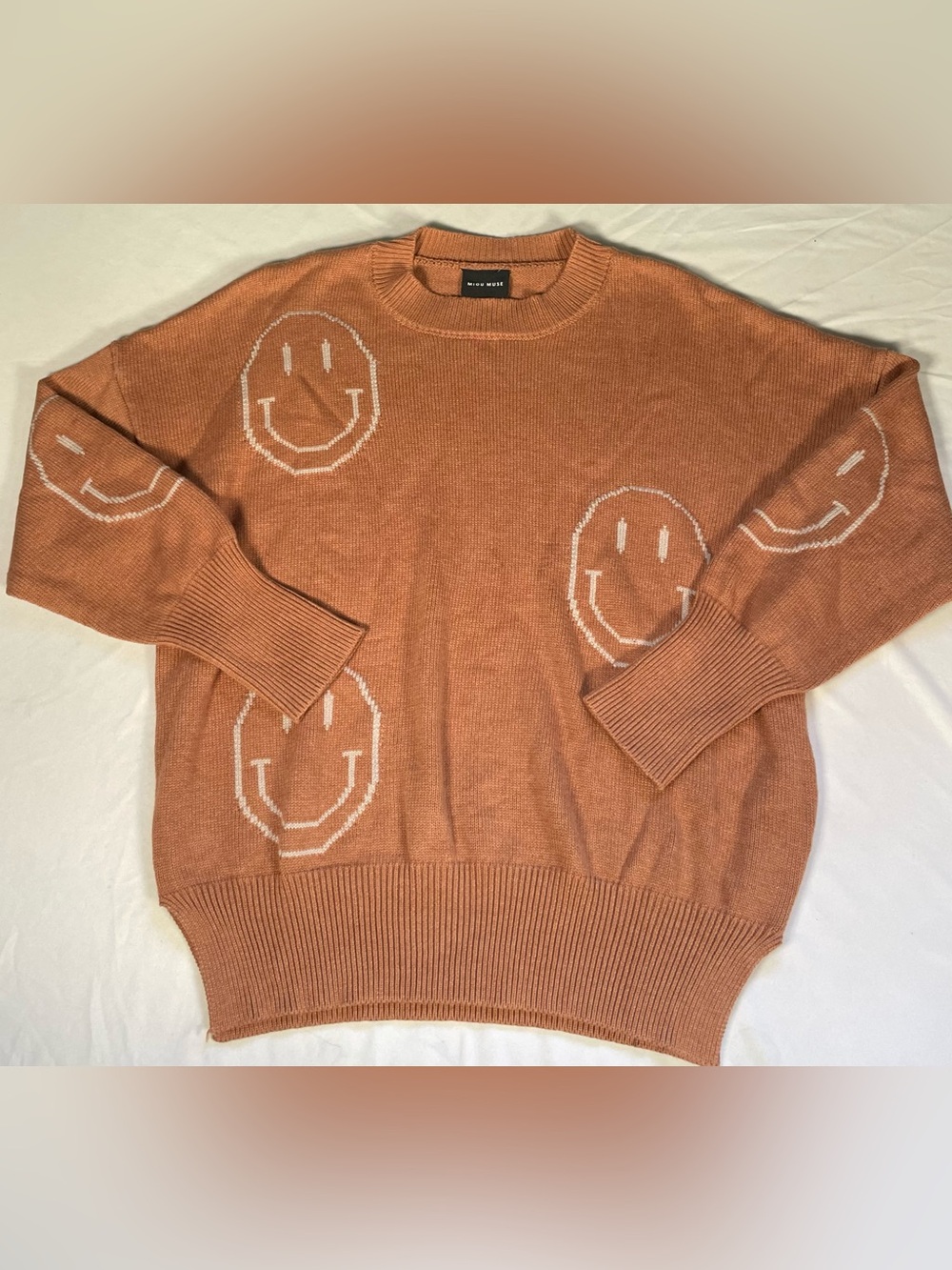 Miou Muse Smiley Face Knit Sweater Caramel Brown Orange Crewneck Medium